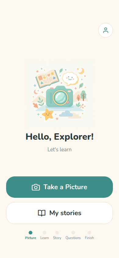 StoryPic home screen welcoming Explorer, with Take a Picture and My stories buttons