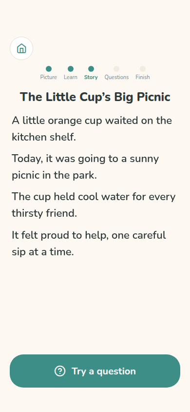 Story screen showing The Little Cup’s Big Picnic and a Try a question button